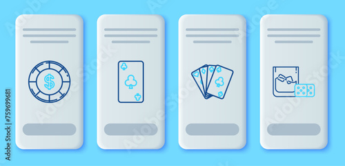 Set line Playing card with clubs symbol, cards, Casino chip dollar and Game dice and glass of whiskey ice cubes icon. Vector