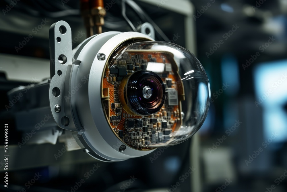 Detailed view of a motion detector lens set against the backdrop of complex industrial circuitry Detailed view of a motion detector lens set against the backdrop of complex industrial circuitry