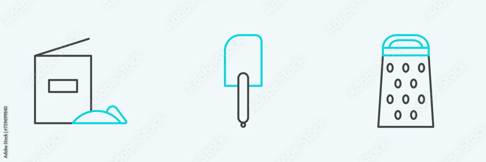 Set line Grater, Flour pack and Spatula icon. Vector Set line Grater, Flour pack and Spatula icon. Vector