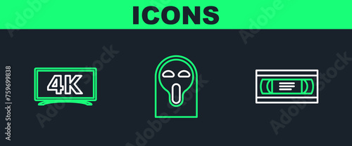 Set line VHS video cassette tape, and Funny and scary ghost mask icon. Vector