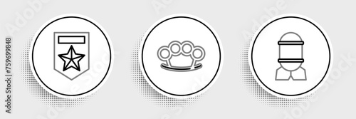 Set line Aviation bomb, Chevron and Brass knuckles icon. Vector