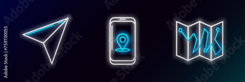 Set line Folded map with location marker, Paper airplane and Infographic of city navigation icon. Glowing neon. Vector
