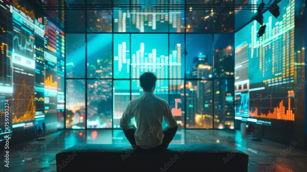Back side of standing businessman who is looking at big screen and desktop computer with tablet showing the trading graph of stock market exchange graph background, Business trading and finance concep Back side of standing businessman who is looking at big screen and desktop computer with tablet showing the trading graph of stock market exchange graph background, Business trading and finance concep