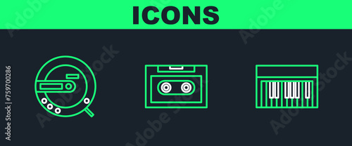 Set line Music synthesizer, CD player and Retro audio cassette tape icon. Vector