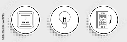 Set line Electrical panel, outlet and Light bulb icon. Vector