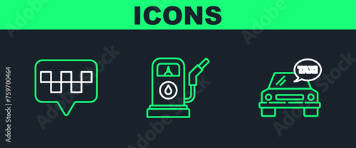 Set line Taxi car, Map pointer with taxi and Petrol or Gas station icon. Vector