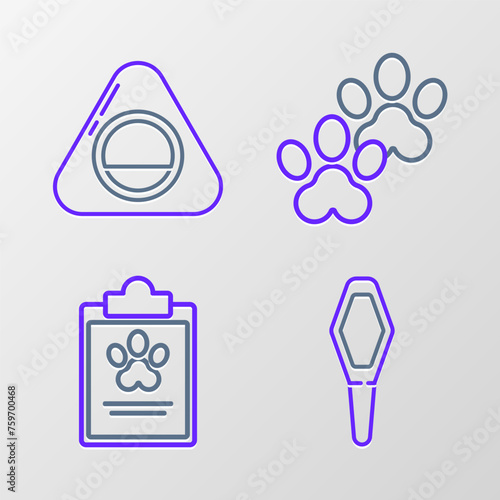 Set line Pets vial medical, Clipboard with clinical record pet, Paw print and bed icon. Vector