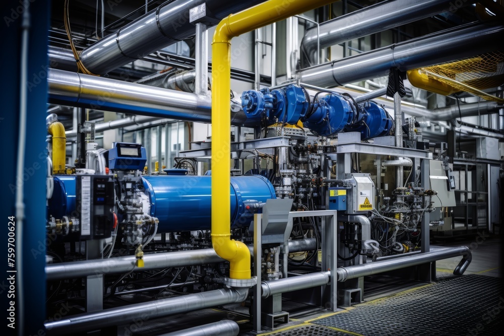 An intricate web of pipes and machinery surrounding an operational filter press in a busy industrial setting An intricate web of pipes and machinery surrounding an operational filter press in a busy industrial setting