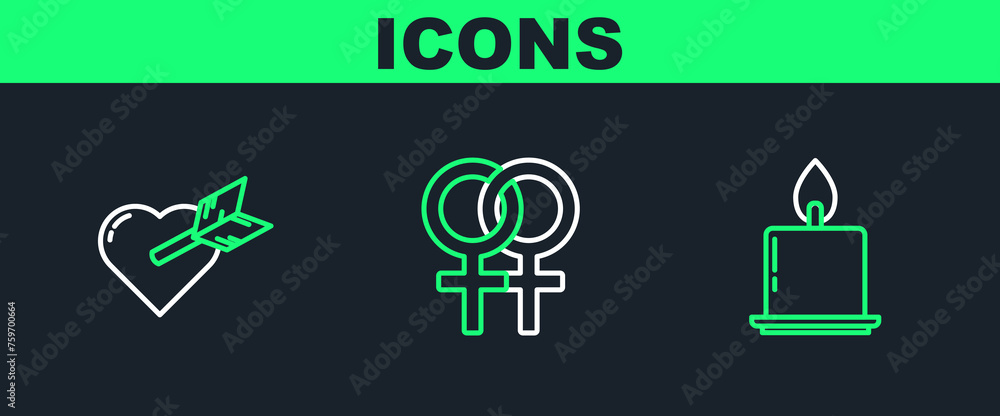 Set line Burning candle, Amour with heart arrow and Female gender symbol icon. Vector Set line Burning candle, Amour with heart arrow and Female gender symbol icon. Vector
