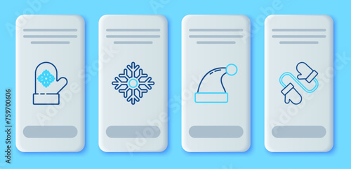 Set line Snowflake, Christmas Santa Claus hat, mitten and Pair of knitted christmas mittens icon. Vector