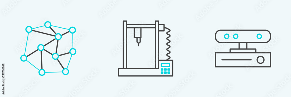 Set line Motion sensor, Neural network and 3D printer icon. Vector Set line Motion sensor, Neural network and 3D printer icon. Vector