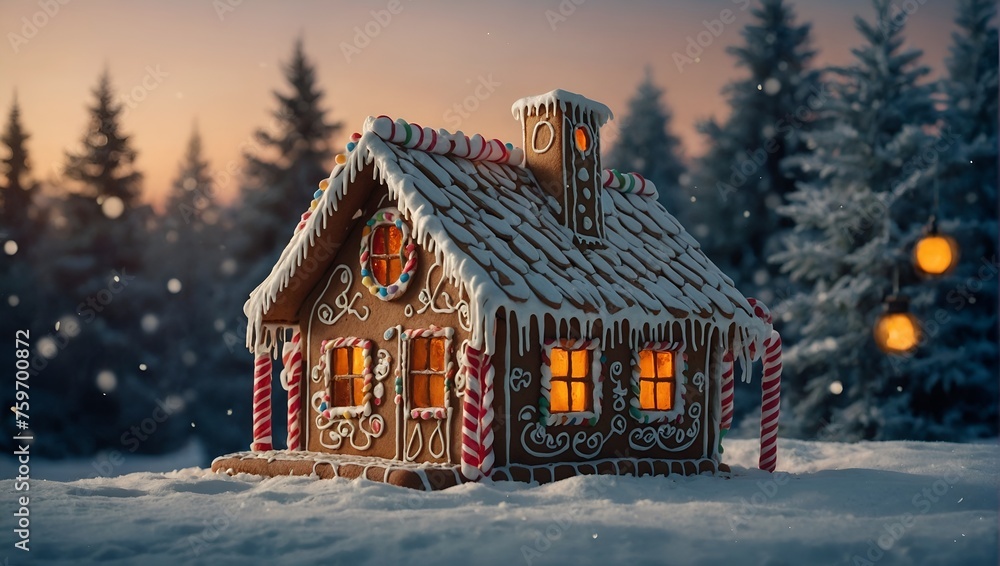 Gingerbread house in christmas landscape.