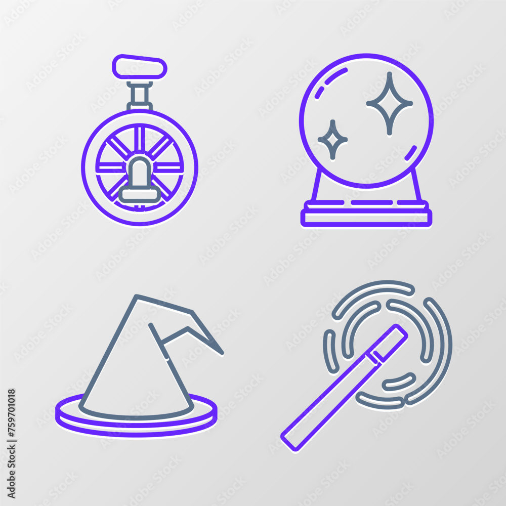 Fototapeta premium Set line Magic wand, Witch hat, ball and Unicycle or one wheel bicycle icon. Vector