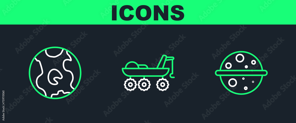 Set line Planet Venus, Earth globe and Mars rover icon. Vector Set line Planet Venus, Earth globe and Mars rover icon. Vector