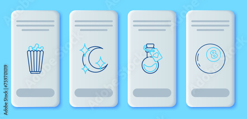 Set line Moon and stars, Bottle with love potion, Popcorn in box and Magic ball of predictions icon. Vector