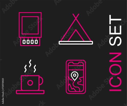 Set line City map navigation, Coffee cup, Tourist tent and Open matchbox and matches icon. Vector