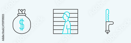 Set line Police rubber baton, Money bag and Suspect criminal icon. Vector