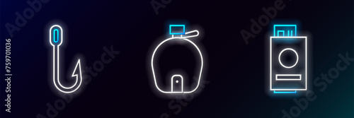 Set line Passport with ticket, Fishing hook and Canteen water bottle icon. Glowing neon. Vector