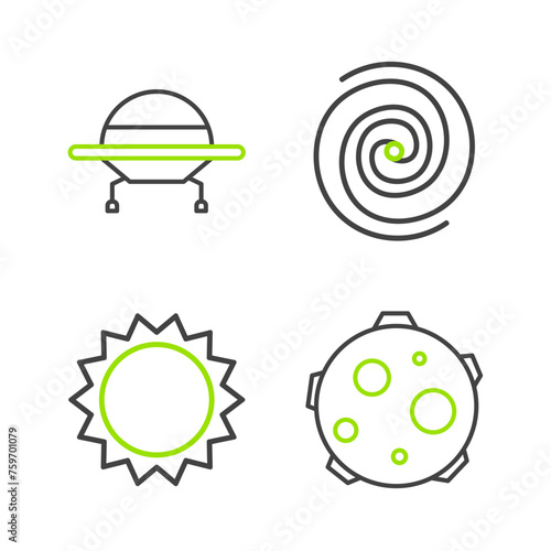 Set line UFO abducts cow  Sun  Black hole and flying spaceship icon. Vector