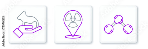 Set line Molecule, Test tube and flask and Radioactive in location icon. Vector