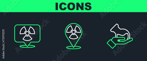 Set line Test tube and flask, Radioactive in location and icon. Vector