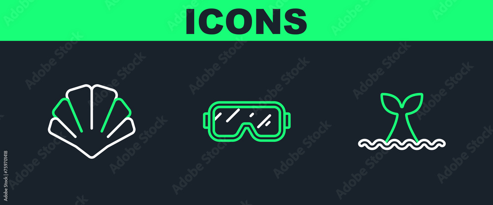 Set line Whale tail in ocean wave, Scallop sea shell and Diving mask icon. Vector Set line Whale tail in ocean wave, Scallop sea shell and Diving mask icon. Vector