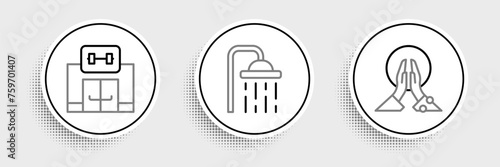 Set line Meditation, Gym building and Shower head icon. Vector