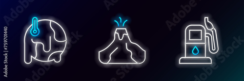 Set line Petrol or gas station, Global warming and Volcano eruption with lava icon. Glowing neon. Vector