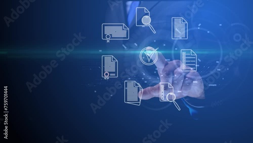 Cg background for placing the text of a financial or development project. The hand points to the rotating symbols of the documentation. There is free space for text