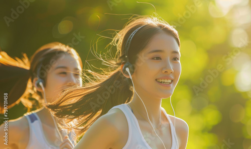 Beautiful smiling young asian woman running in park, wearing earphones and white tank top with hair blowing in the wind, sunny day