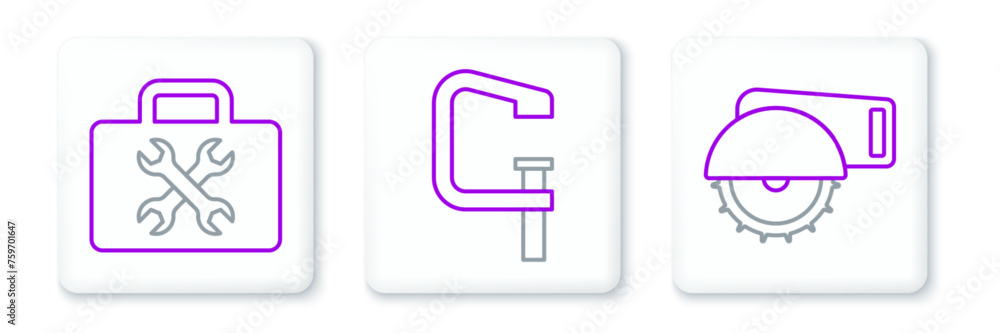 Set line Electric circular saw, Toolbox and Clamp and screw tool icon. Vector Set line Electric circular saw, Toolbox and Clamp and screw tool icon. Vector