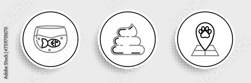 Set line Map pointer with veterinary medicine hospital, Aquarium fish and Shit icon. Vector