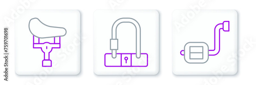 Set line Bicycle pedal, seat and lock icon. Vector