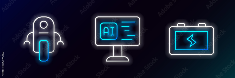 Set line Battery, Robot and Software icon. Glowing neon. Vector Set line Battery, Robot and Software icon. Glowing neon. Vector