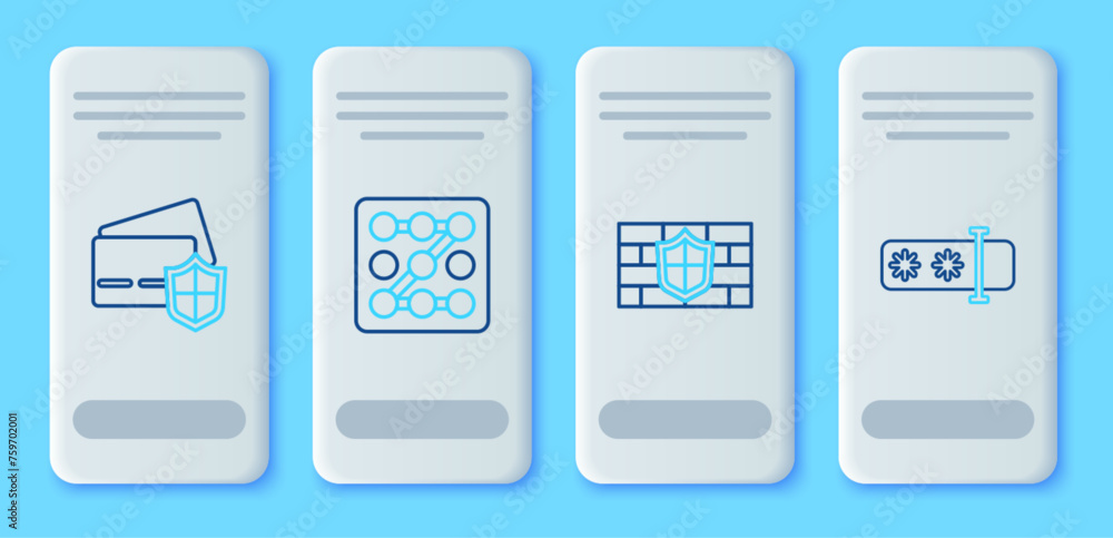 Set line Graphic password protection, Shield with brick wall, Credit card shield and Password icon. Vector Set line Graphic password protection, Shield with brick wall, Credit card shield and Password icon. Vector