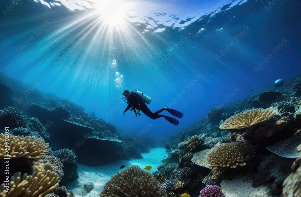 Fototapeta premium Scuba diver swims underwater in the ocean,coral reef,underwater world