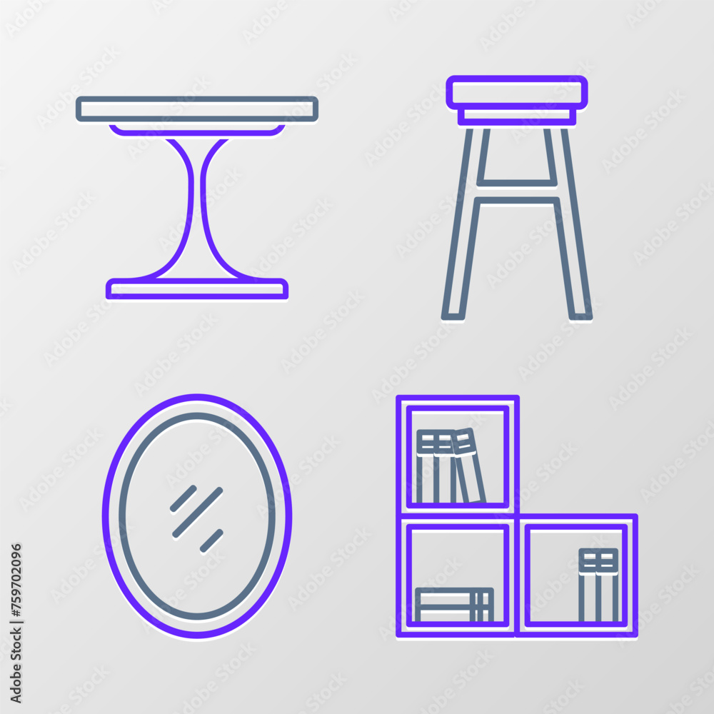 Fototapeta premium Set line Shelf with books, Mirror, Chair and Round table icon. Vector