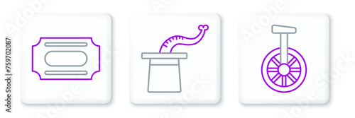 Set line Unicycle or one wheel bicycle, Circus ticket and Magician hat icon. Vector