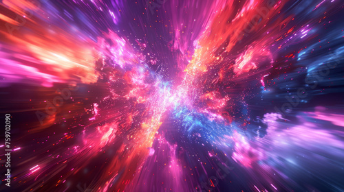 An abstract representation of a cosmic scene with vibrant colors, featuring a central explosion of pink and blue hues surrounded by streaks of light suggesting high-speed motion through space.