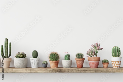 different cacti in simple colored pots stand on wooden shelf, the wall is white; wall with empty space