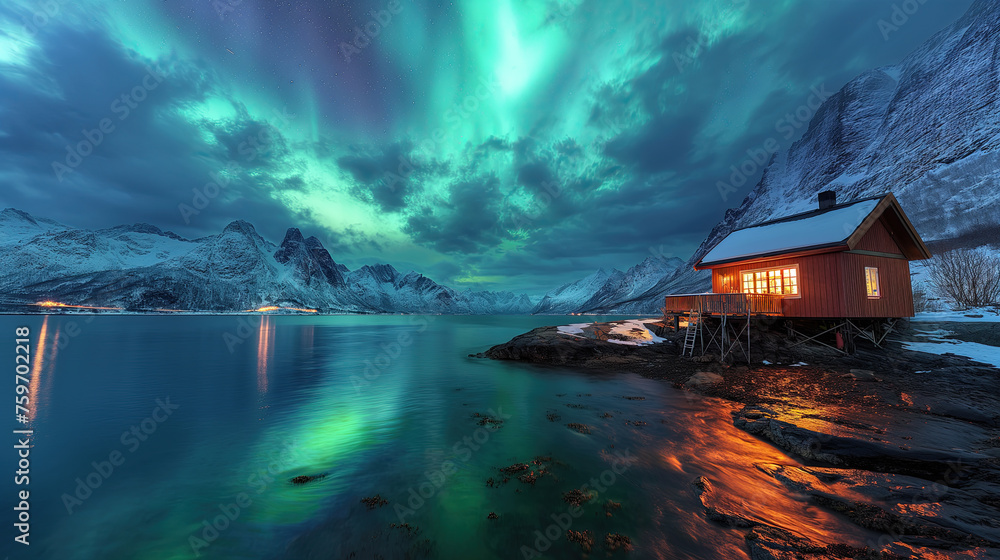 Fototapeta premium Cozy cabin nestled along the Norwegian fjords, surrounded by snow-capped peaks and the ethereal dance of the Northern Lights painting the night sky in vibrant colors