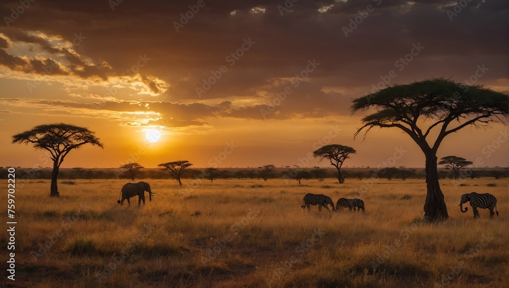 Landscape of Africa with warm sunset.