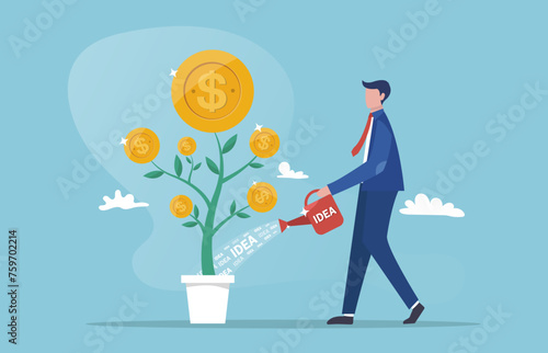 Investment growth, businessman nurturing money tree, Wealth management, man watering plant of coins, Passive income concept.