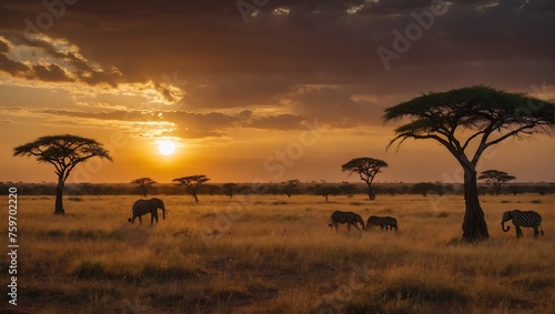 Landscape of Africa with warm sunset.