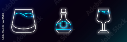 Set line Wine glass, Glass of whiskey and Bottle cognac or brandy icon. Glowing neon. Vector