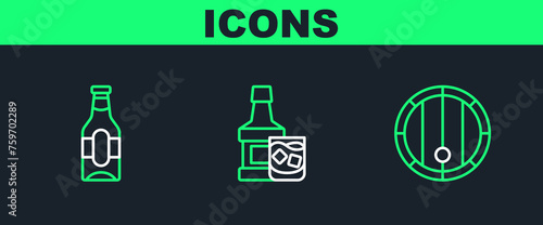 Set line Wooden barrel, Beer bottle and Whiskey and glass icon. Vector