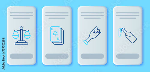 Set line Playing cards, Broken bottle as weapon, Scales of justice and Cocktail molotov icon. Vector