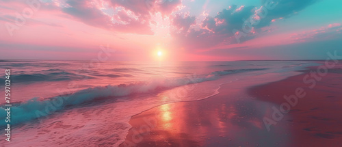 A tranquil beach scene with a colorful sunset sky reflecting on wet sand as gentle waves wash onto the shore.