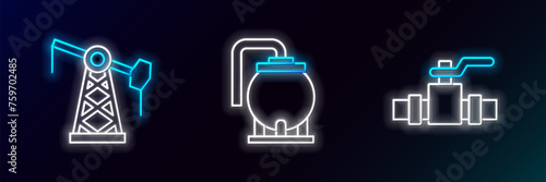 Set line Metallic pipes and valve, Oil pump or pump jack and tank storage icon. Glowing neon. Vector