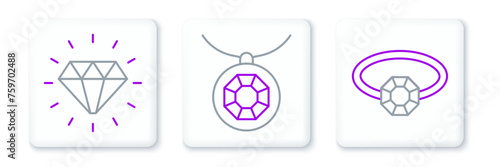 Set line Diamond engagement ring, and Pendant necklace icon. Vector